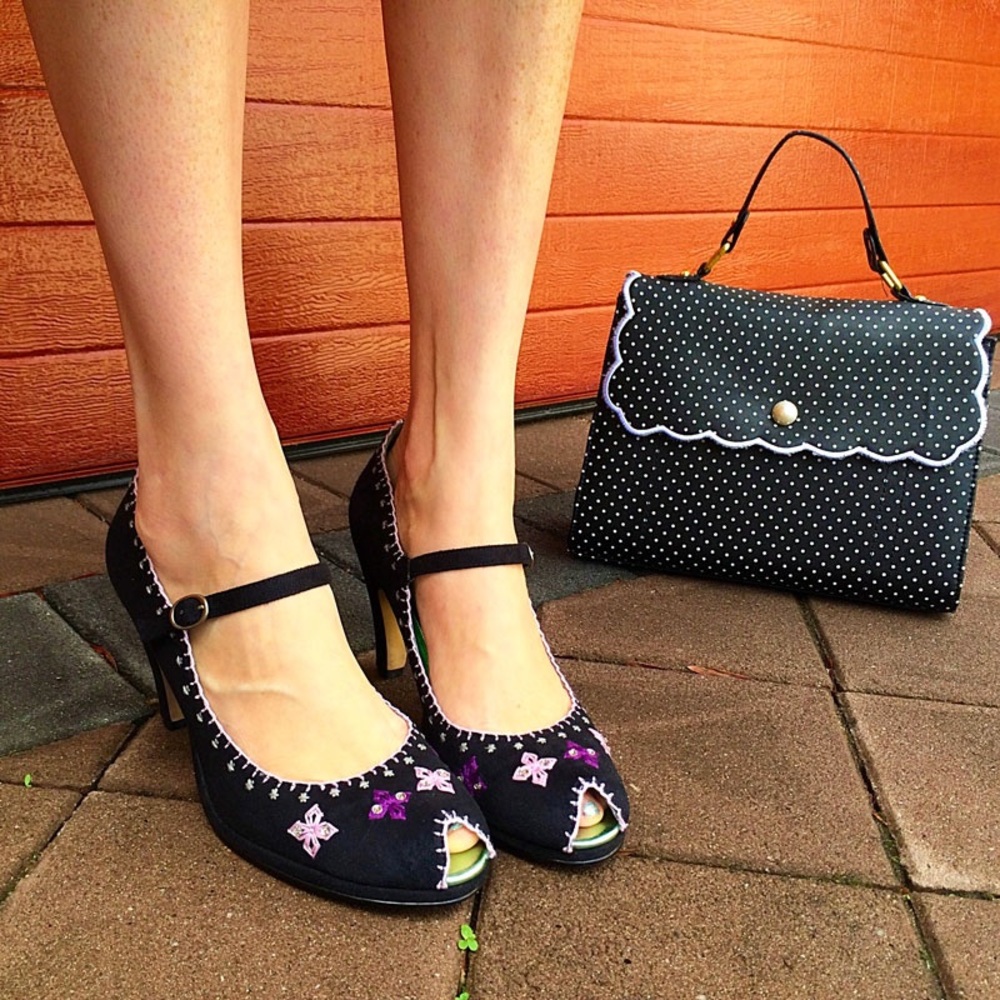 Retro Mary Janes Embroidered Faux Suede Open Toe  NWOB